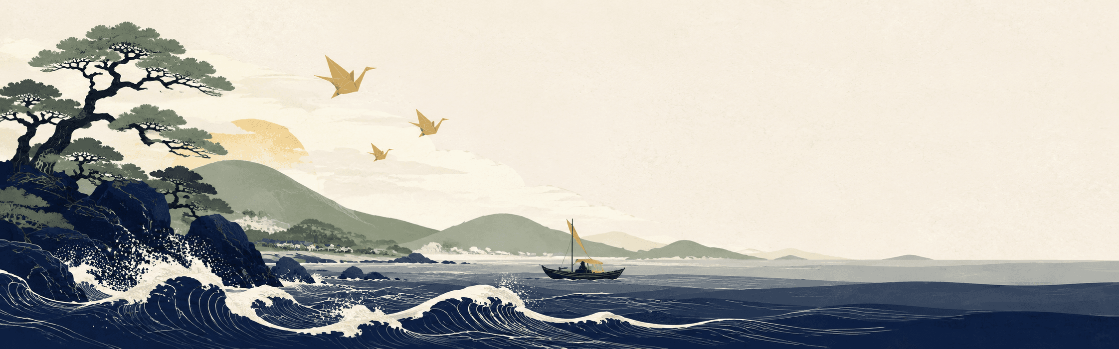 Illustrated Japanese coastline at evening — indigo waves, pine trees and gold origami cranes flying over the sea